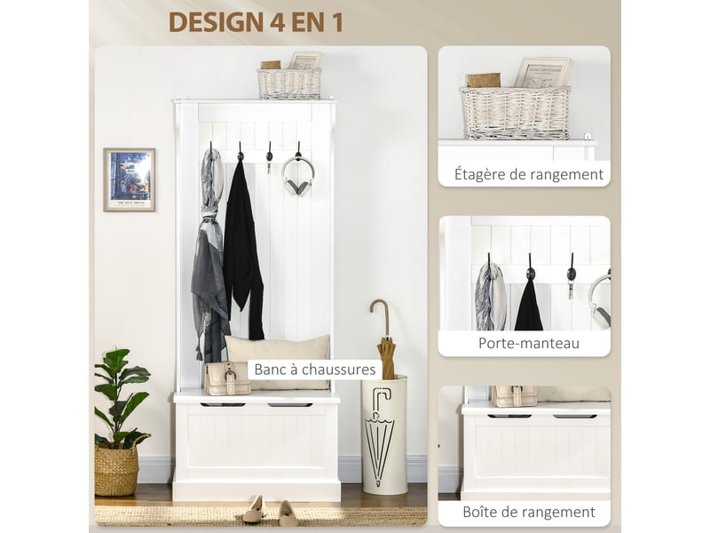 Meuble d'entrée 4 en 1, vestiaire d'entrée avec banc de rangement et 4 crochets doubles, 71,5 x 39,5 x 170 cm, blanc - Conforama D