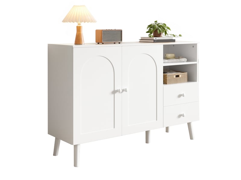 Buffet bas 118x35x82 cm, bahut meuble de rangement salon et entrée, 2 portes galbées, 2 tiroirs, 2 niches, pieds en bois - blanc - Conforama A