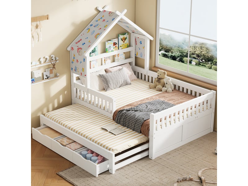 Lit cabane en bois 140x200 cm - avec lit gigogne et 3 tiroirs - barrière de sécurité - mdf+pin - blanc (sans matelas)  - Conforama E