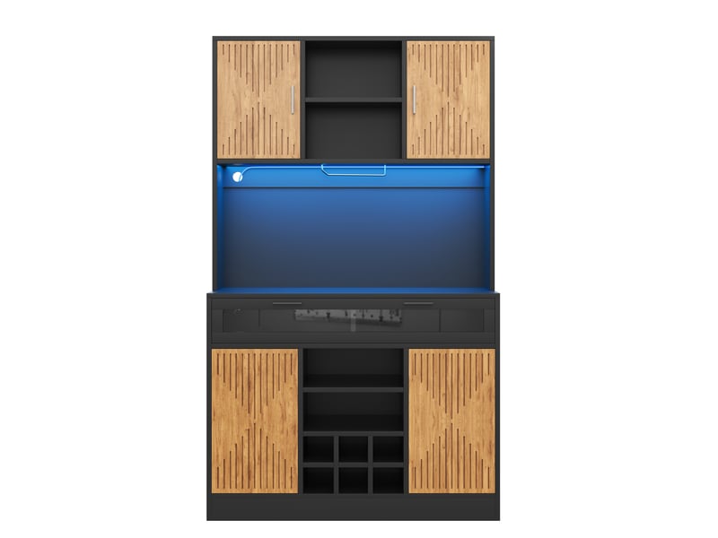  Colonne cuisine 105x40x180 cm, armoire haute avec led et prises, porte rabattable en verre, porte-verres et casier à vin amovible  - Conforama A