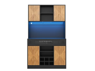 Colonne cuisine 105x40x180 cm, armoire haute avec led et prises, porte rabattable en verre, porte-verres et casier à vin amovible