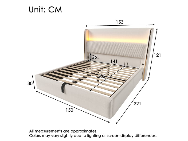  Lit coffre hydraulique 140x200 cm avec matelas, led et ports usbusb-c, beige  - Conforama C