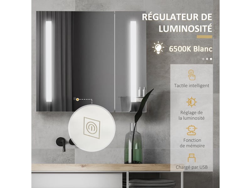 Armoire murale miroir lumineux led salle de bain 2 portes avec 3 niveaux blanc 70 x 15 x 65 cm - Conforama R