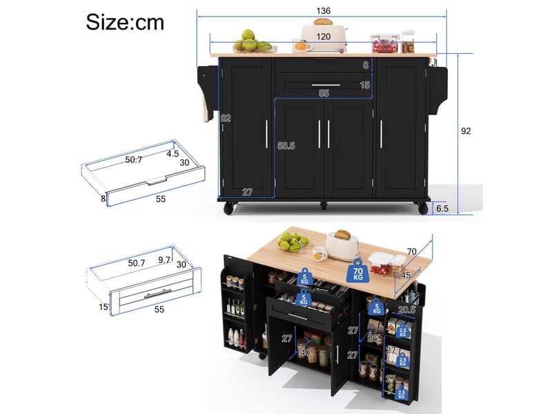  Desserte de cuisine mobile 136x70x92 cm, plateau extensible, noir et naturel  - Conforama C