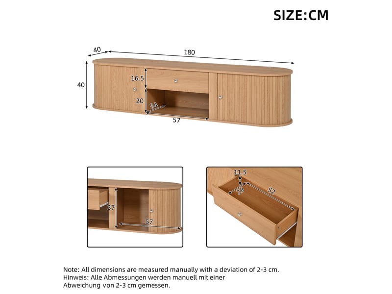  Meuble tv 180x40x40 cm pour téléviseur jusqu’à 75 pouces en panneau de particules coloris naturel  - Conforama E