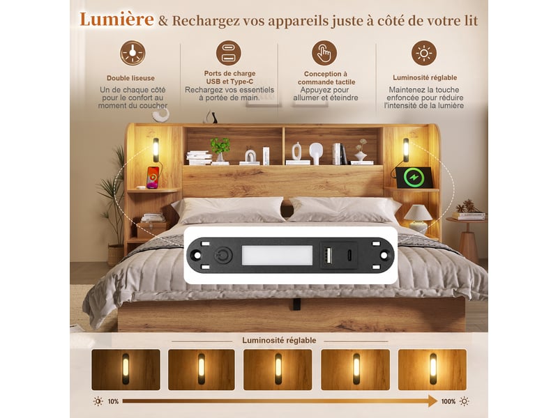  Lit double en bois 160x200 cm,lit coffre hydraulique avec rangement,étagères de tête de lit,éclairage led,port usb,sans matelas,chêne  - Conforama E