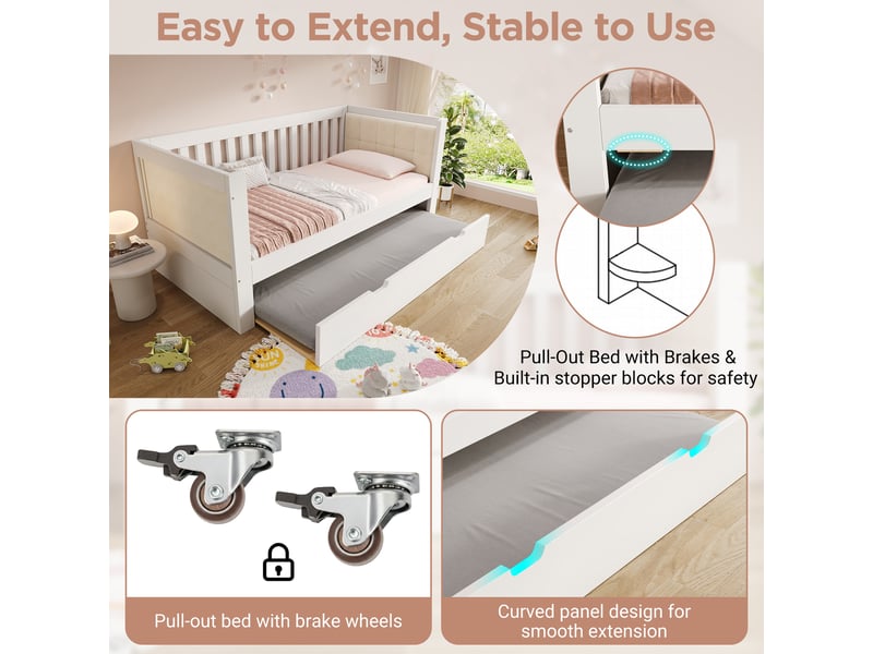  Lit gigogne 90x200 cm, couchage extractible 90x190 cm, design gain de place, sommier à lattes pour chambre d'amis - blanc  - Conforama E