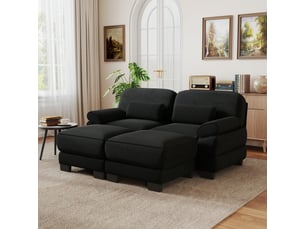 Canapé 2 places modulable avec 2 poufs, structure stable, assise profonde, coussins épais, tissu cord doux, salon appartement, noir
