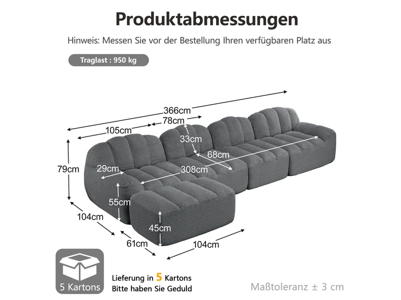  Canapé modulable 4 places 366x165x79 cm, polaire granuleux, mousse 32d, assise profonde, avec pouf, gris  - Conforama C