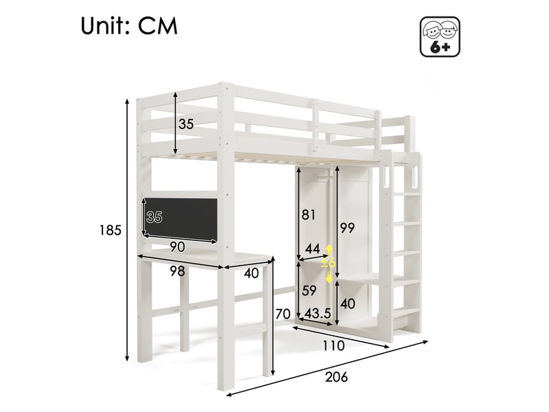  Lit mezzanine, 90x200 cm, avec bureau, armoire ouverte, solutions de rangement, matelas non inclus, bois, coloris blanc  - Conforama C