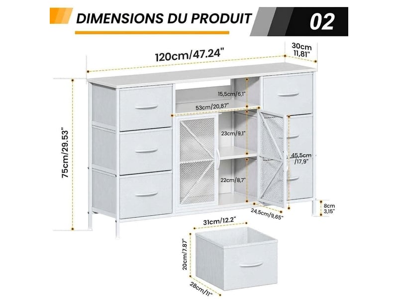  Meuble tv commode 120x30x75 cm six tiroirs tissu portes metal blanc moderne  - Conforama E