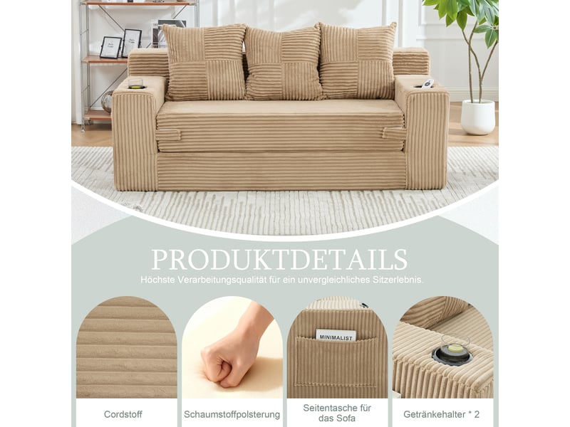  Canapé 3 places en velours côtelé, sans montage, design modulaire, porte-gobelets, rangements latéraux, 172×87×64 cm  - Conforama D