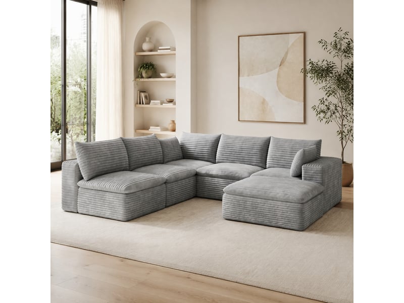  Canapé modulaire 6 places avec coussins amovibles et soutien en mousse, en velours côtelé gris foncé, 260 × 250 cm  - Conforama B
