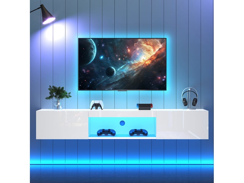  Meuble tv mural blanc brillant 160 cm, led contrôlée par bluetooth, rangement et gestion des câbles  - Conforama E