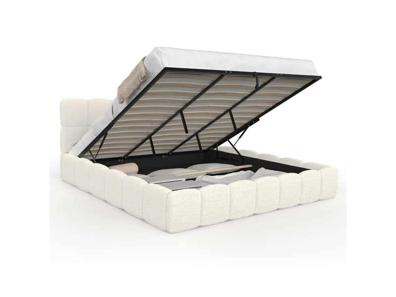  Lit coffre double nuage avec tête de lit matelassée et sommier 180 x 200 cm bouclette blanc  - Conforama A