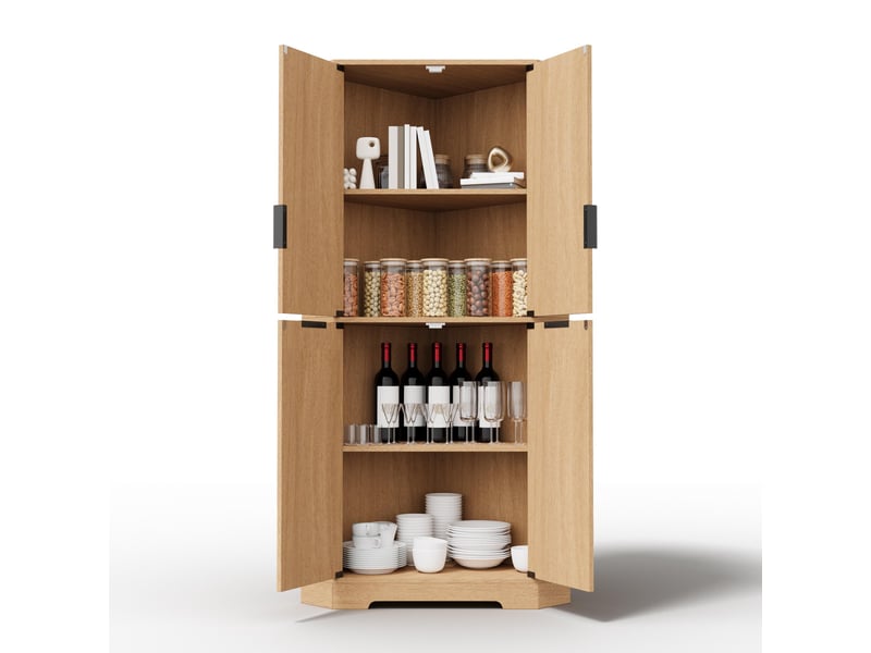 Buffet d'angle - 60x60x172cm - armoire colonne avec 4 portes cannelées ondulées, étagères réglables, anti-basculement - bois naturel - Conforama A