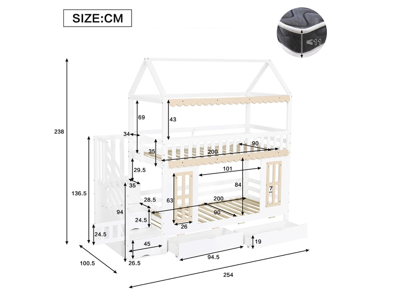  Lit superposé enfant 90x200 cm, lit cabane, escalier rangement, tiroirs, fenêtres, mdf, naturel et blanc, sans matelas  - Conforama C