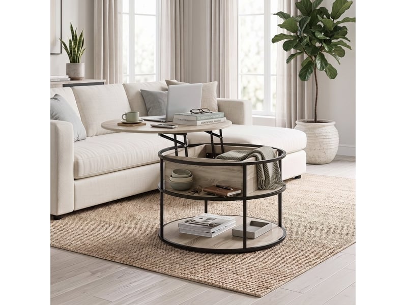  Table basse ronde coloris chêne à plateau relevable avec rangements - ø 80 x 47-61,5 cm  - Conforama B