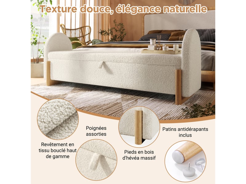  Banc de lit coffre 186 cm bouclette blanc avec rangement hydraulique et pieds en bois  - Conforama E