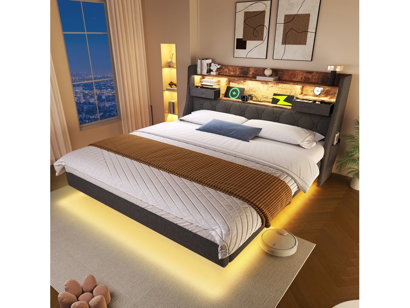  Lit double 180 x 200 cm gris en lin avec led, rangement tête de lit et station de charge  - Conforama B