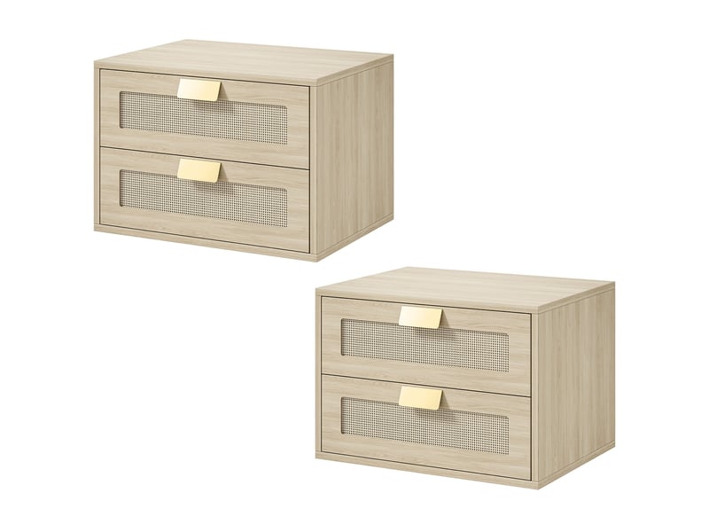  Lot de 2 tables de chevet murales, tables de nuit suspendues avec 2 tiroirs et plateau à effet rotin, chêne  - Conforama B