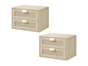 Lot de 2 tables de chevet murales, tables de nuit suspendues avec 2 tiroirs et plateau à effet rotin, chêne
