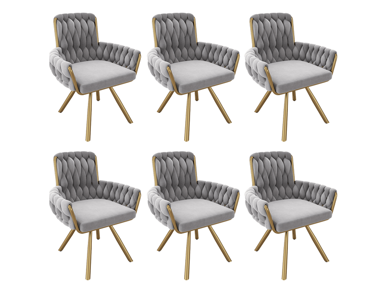 Lot de 6 chaises de salle à manger avec revêtement tissu velours, chaises dotée d'accoudoirs, rotatives et piètement acierlique, gris+doré - Conforama A