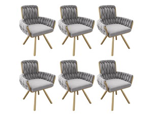 Lot de 6 chaises de salle à manger avec revêtement tissu velours, chaises dotée d'accoudoirs, rotatives et piètement acierlique, gris+doré