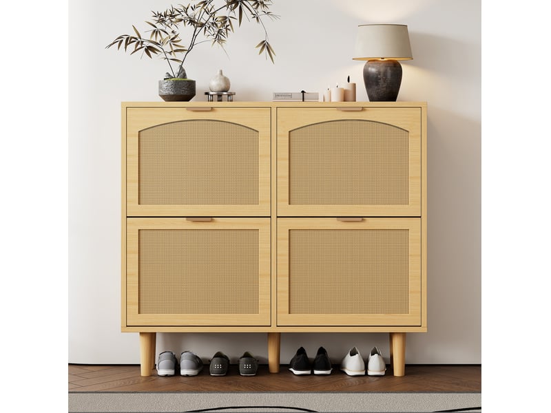  Meuble à chaussures ulevr à 4 abattants, rangement étroit 100 x 25 x 90 cm, panneaux de particules et portes en rotin, chêne clair  - Conforama E