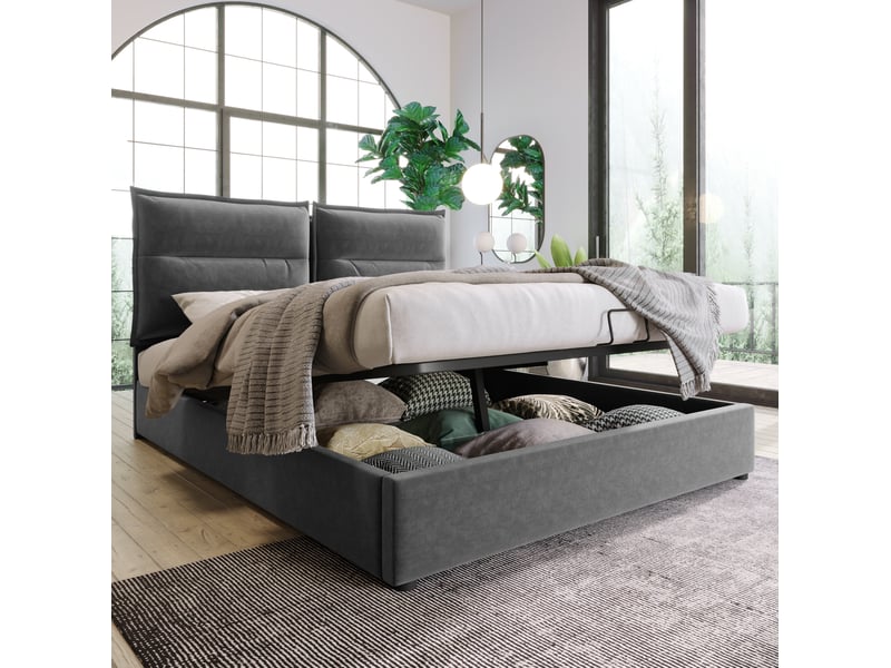  Lit coffre tcqpz 140 x 200 cm tête de lit réglable velours gris rangement hydraulique  - Conforama E