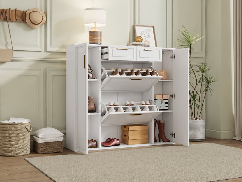  Meuble à chaussures, étagères réglables, poignées dorées, 2 tiroirs, clapets chaussures et 2 portes, l120 x p24 x h107 cm, blanc  - Conforama B