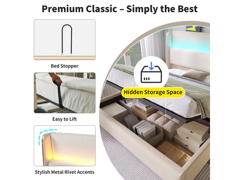 Lit double coffre hydraulique 180x200 cm effet lin beige avec, tête de lit haute, éclairage led, ports usb-c et rangement sous le lit Morn Vibe - Conforama E