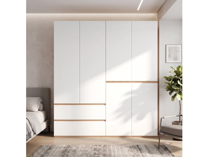  Armoire 180x50x200 cm à 6 portes, 2 tringles, 5 tiroirs, mdf et panneau de particules blanc, grand rangement vêtements  - Conforama D