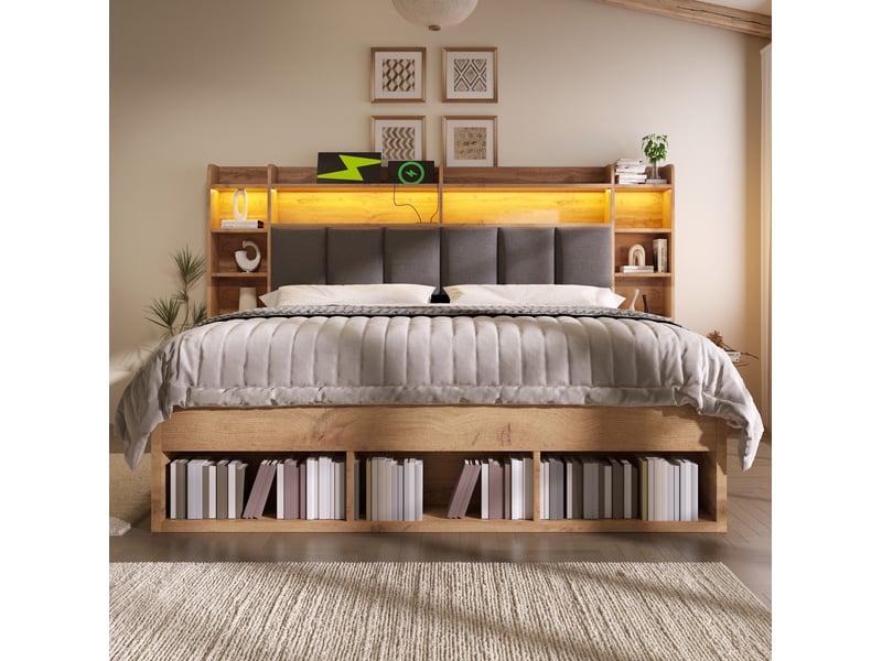 Lit double 160 x 200 cm couleur chêne avec tête de lit rembourrée, led, rangements et chevets mobiles - Conforama B