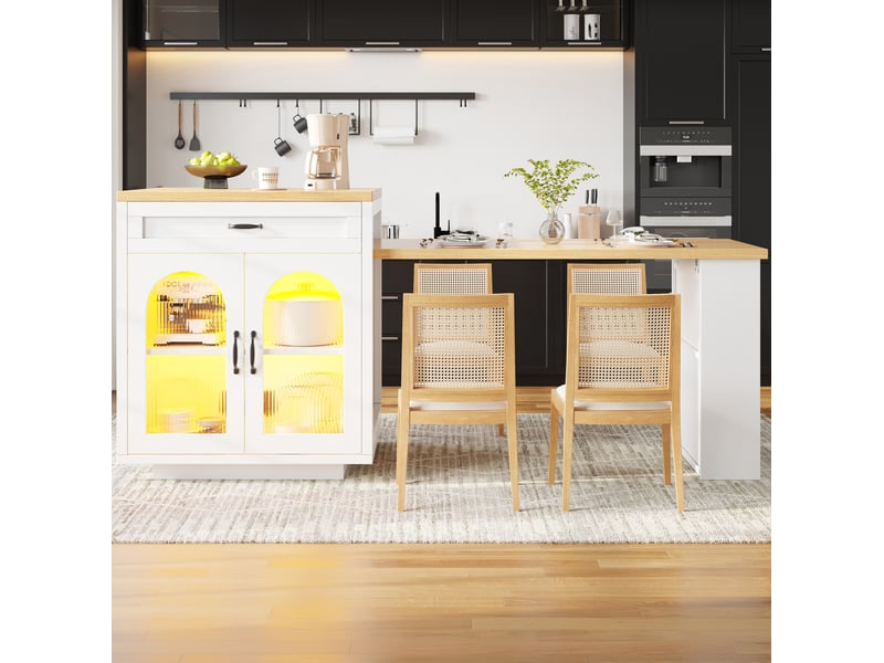 Desserte de cuisine extensible avec 2 tiroirs, 2 portes vitrées striées et led pour salle à manger en mdf blanc - Conforama C