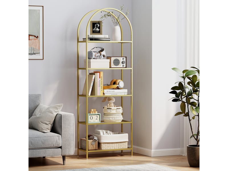  Bibliothèque étagère de rangement en verre à 5 niveaux arqué pour salon, bureau, chambre, 60 x 30 x 175 cm, doré  - Conforama C