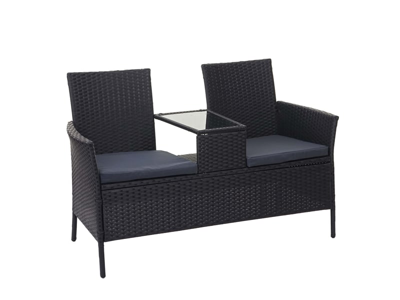 Banc en polyrotin avec table fauteuils chaises de jardin 132cm noir coussin gris foncé 04_0001141 - Conforama A
