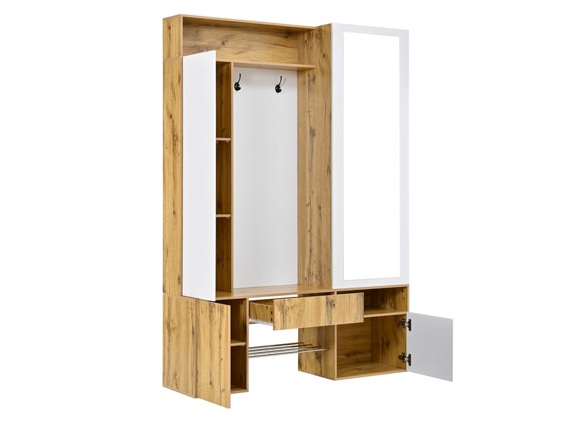  Vestiaire d'entrée 127x35x180,5 cm, miroir, penderie avec tringle et patères, meuble à chaussures, mdf, blanc et naturel OMNIGLINT TRADING LTD - Conforama E