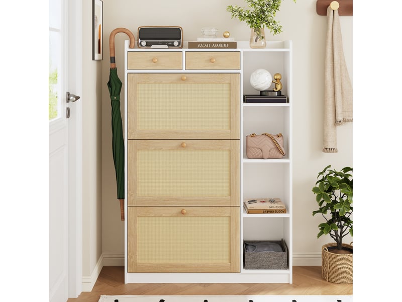  Meuble à chaussures 90x24x130 cm, 3 compartiments rabattables, 2 tiroirs, panneau de particules, blanc et naturel  - Conforama D