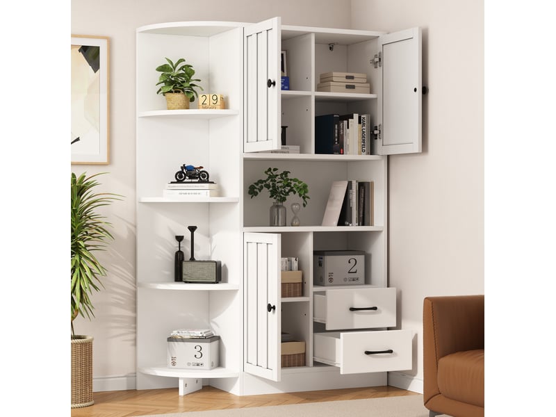  Meuble d’angle de salon 104x35x155 cm, aggloméré blanc, 3 portes, buffet de cuisine équipé de 2 tiroirs, espaces de rangement  - Conforama D