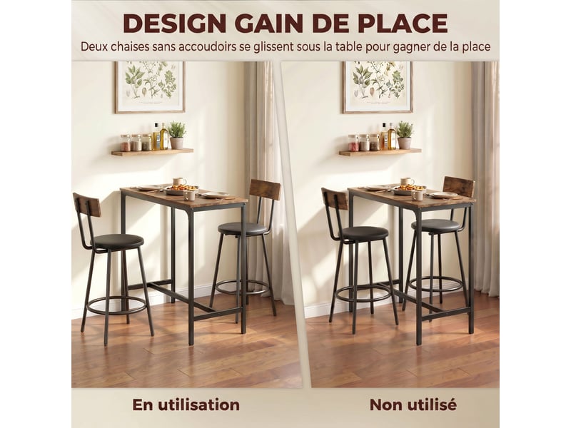  Ensemble table de bar avec 2 tabourets, table haute de cuisine et 2 chaises de bar rembourrées pu, repose-pieds, marron  - Conforama R