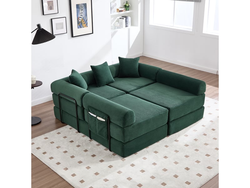 Canapé d'angle modulaire 4 places avec poche latérale et fonction convertible, en velours côtelé vert émeraude - Conforama E