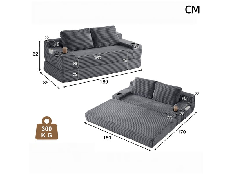  Canapé droit-lit 2-en-1 en velours côtelé, 2 coussins déco, porte-verres et rangements, 62x180x85 cm, gris  - Conforama C