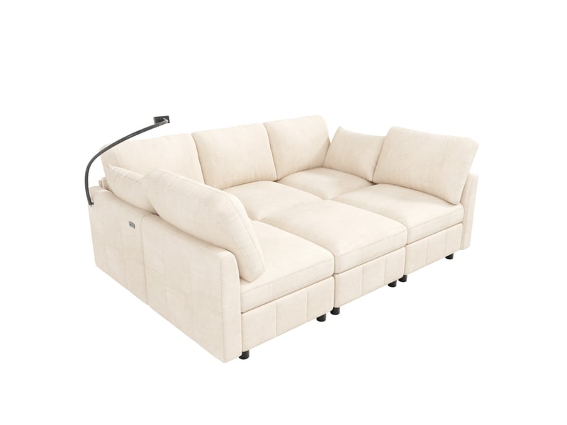  Canapé modulable convertible 6 places en chenille beige, 218 cm, usb-c et pouf IKSETERA TRADING LTD - Conforama A