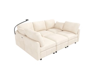 Canapé modulable convertible 6 places en chenille beige, 218 cm, usb-c et pouf
