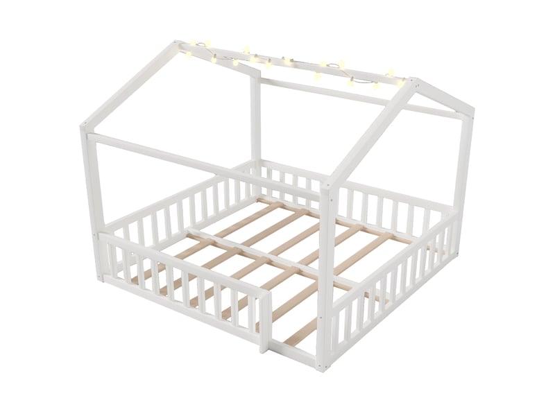 Lit enfant 90x190 cm x 2 - lit plat avec barrière, éclairage led - structure en pin - blanc (sans matelas)  - Conforama D