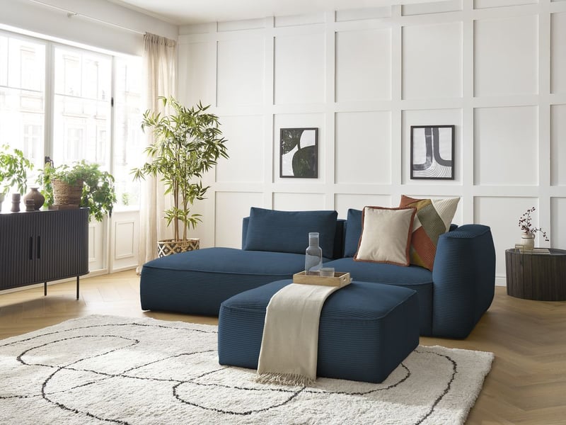  Bobochic canapé droit fixe 3 places leopold velours côtelé avec pouf bleu foncé  accoudoir droit LEOPOLD - Conforama B