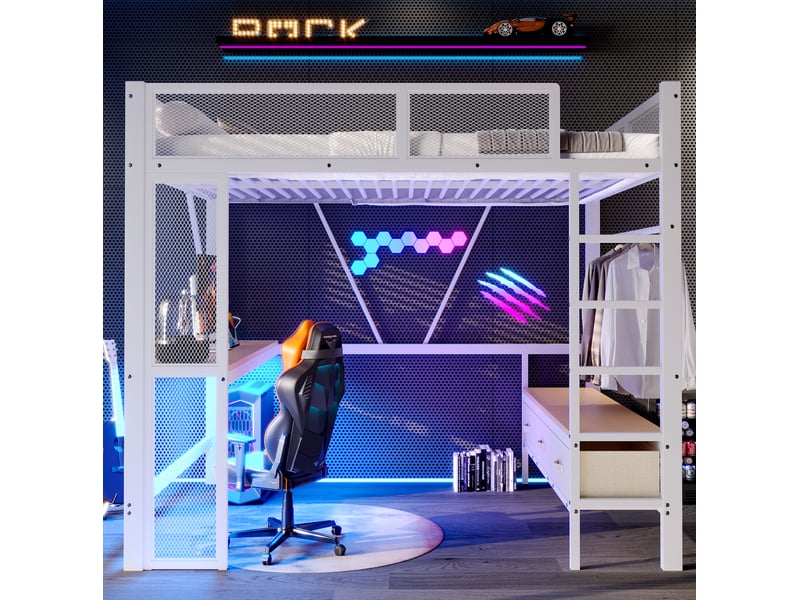Lit mezzanine 140 x 200 cm en métal avec bureau, led, usb et 3 tiroirs, blanc - Conforama D