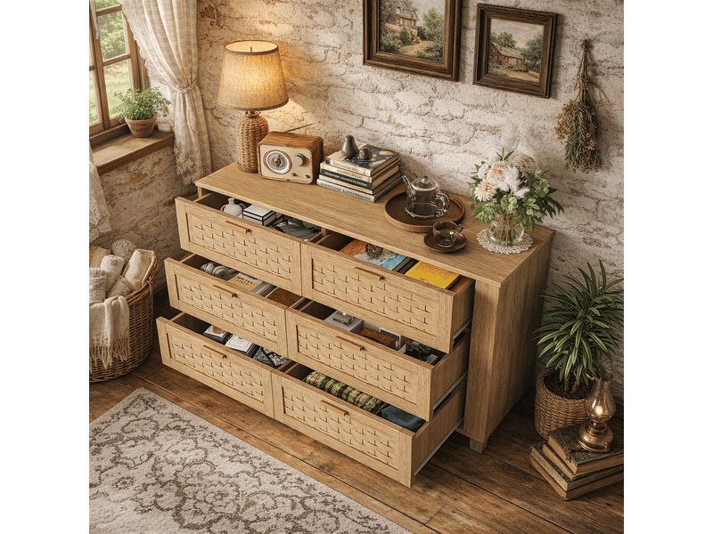  Buffet en bois massif avec 5 tiroirs en rotin, bahut meuble de rangement style bohème et rustique pour salon salle à manger, 115x40x80 cm - naturel  - Conforama C