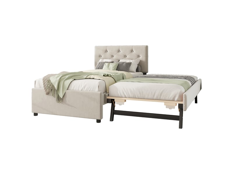  Lit rembourré 90x200 cm avce lit gigogne, lit enfant avec sommier a lattes, lit 1 personne avec tiroir coulissant, beige, velours  - Conforama W